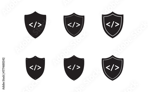 Security Shield Icons Representing Code Protection for Web Development and Cybersecurity Measures with Clean Minimalist Design