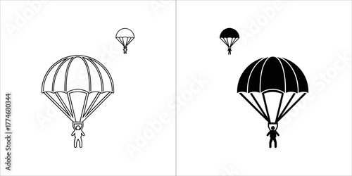 Parachutist jumping with parachute, black and white vector illustration