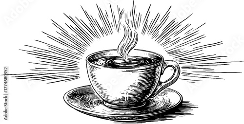 Engraved abstract composition of steaming cup with geometric accents for retro design