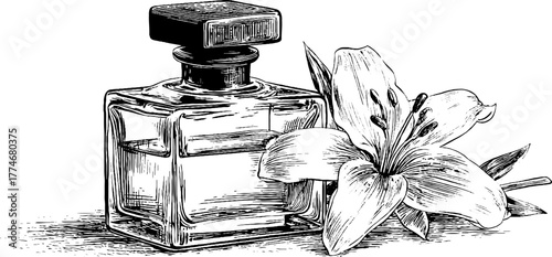 Elegant vintage perfume bottle with single stem lily - retro floral art for design