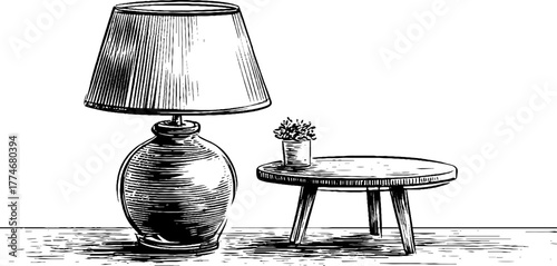 Vintage hand-drawn engraving of geometric lamp and small table arrangement