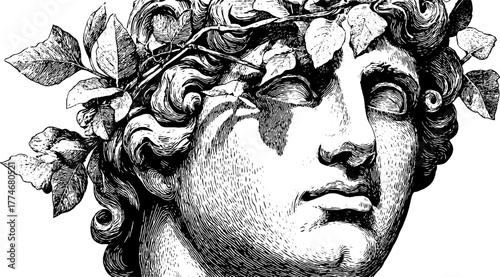 Classical bust with botanical elements in engraved abstract design for art and decor