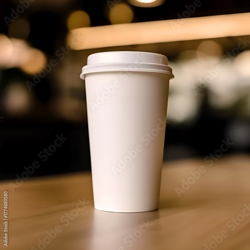 Coffee to go. Front view of a white paper cup with space for text. Mockup with lid. Disposable recycled cups. A paper cup for a hot drink on a wooden table against a blurred cafe background.