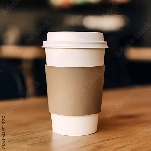 Coffee to go. Front view of a white paper cup with space for text. Mockup with lid. Disposable recycled cups. A paper cup for a hot drink on a wooden table against a blurred cafe background.
