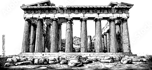 Ancient monument with tall columns and ruined statues for historical design