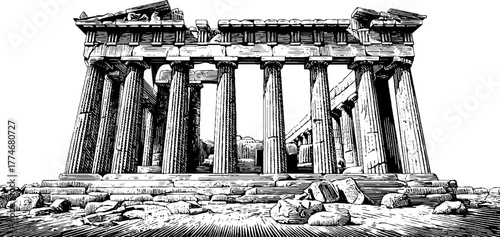 Ancient ruins with tall columns and broken statues, historical monument architecture design