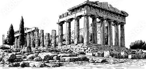 Ancient monument with tall columns and broken statues - vintage architectural sketch for historical design