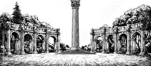 Ancient public square with tall column monument engraving for retro design