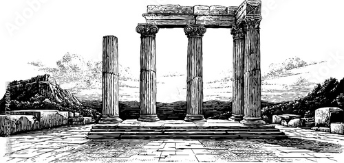 Ancient public square with tall column monument - historical engraving for retro design