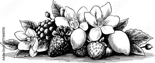 Vintage engraving of floral and ribbon relief with garlands for design and decor