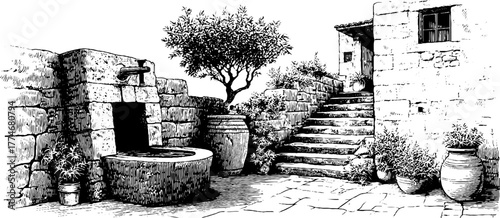 Vintage engraving of ancient stone staircase and fountain scene - ideal for retro design projects