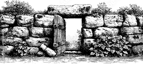 Ancient stone gate with moss and cracks in antique ruin engraving for design and decor