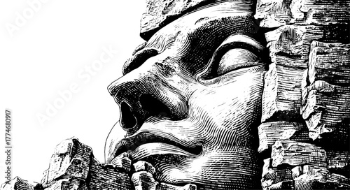 Serene ancient stone mask fragment with engraved details for historical art designs