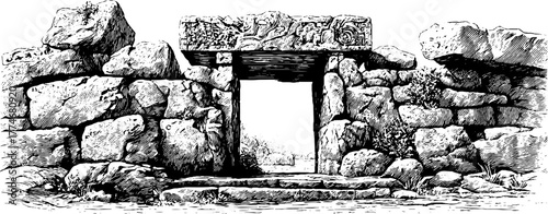 Ancient stone gate engraving with moss and cracks - historical ruin sketch for design
