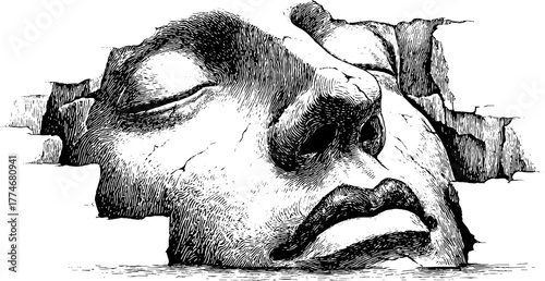 Ancient stone mask fragment with serene expression engraving - design for art and history prints