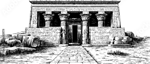 Ancient temple entrance with flanking statues in engraved hand-drawn style for historical design