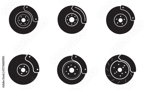 Set of Car Brake Disc Icons for Automotive Industry Parts and Services Black and White Illustration