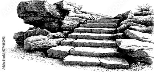 Engraved ancient stone step base from temple ruins for historical design and archaeological study