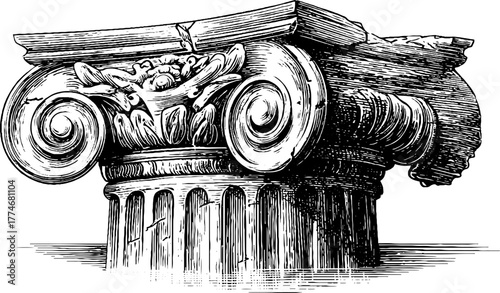 Vintage engraving of corinthian capital - architectural fragment illustration for retro design
