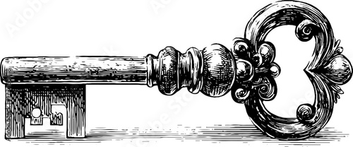 Intricately engraved antique key with ornate handle and detailed metalwork for vintage design