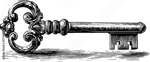 Vintage ornate antique key with detailed metalwork for retro design and decoration