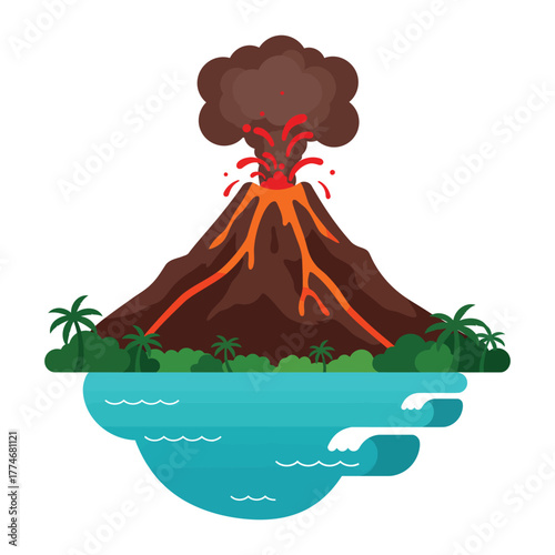 Erupting Volcano on Tropical Island Vector Illustration Natural Disaster