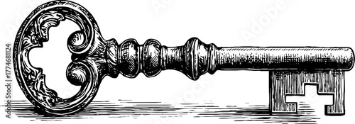 Ornate engraved antique key with detailed metalwork design for vintage decor