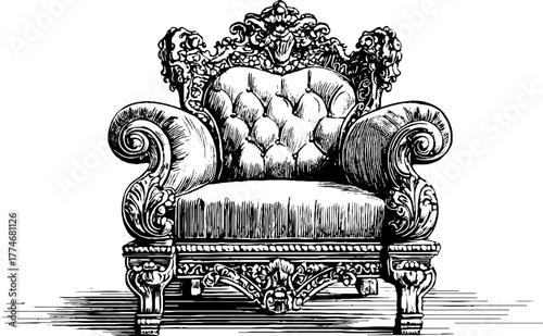 Ornate antique armchair with carved wood and upholstery design for vintage interiors