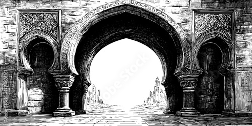 Intricate engraved arabesque arch with geometric details for retro design