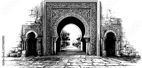 Intricate engraved horseshoe archway with floral and geometric patterns for vintage design