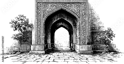 Ornate horseshoe arch with floral and geometric engravings for design and architecture inspiration