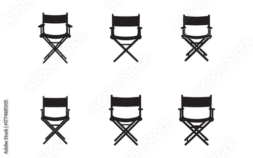 Set of Directors Chairs in Black Silhouettes on a Clean White Background Representing Film Production and Industry Leadership