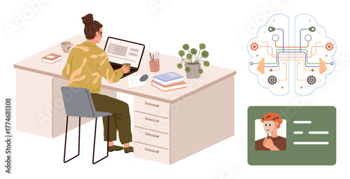 Woman using laptop at desk with books and plant, digital brain symbolizing AI, and ID card concept. Ideal for workplace, technology, AI, learning, identity innovation management. Simple flat