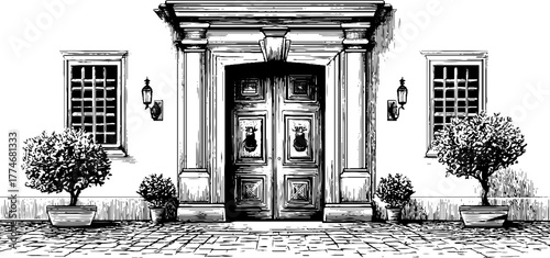 Art deco geometric facade with vertical symmetry featuring engraved architectural elements