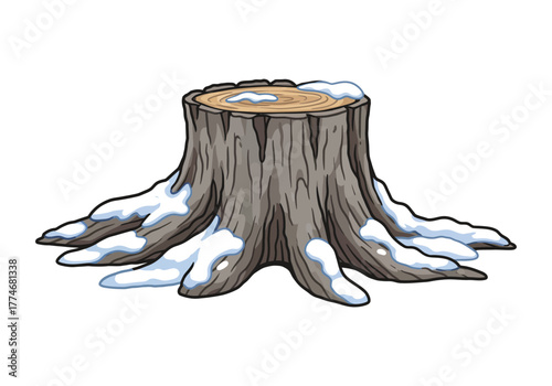 Winter tree stump covered in snow cartoon illustration isolated