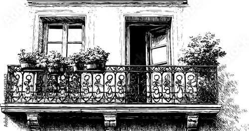 Engraved art nouveau balcony railing with decorative ironwork design for architectural inspiration