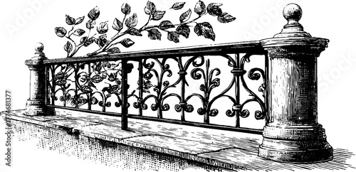 Vintage art nouveau iron balcony railing with ornate engraved design - ideal for decorative projects