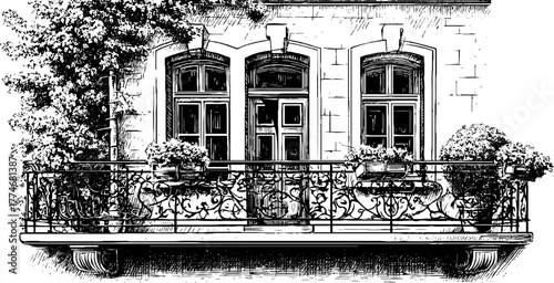 Art nouveau balcony railing with ornate iron design and floral details
