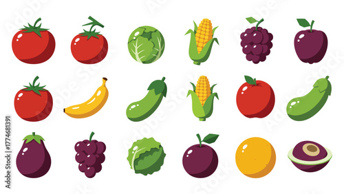 Fruit and Vegetable Icon Set Healthy Organic Produce Cartoon Style