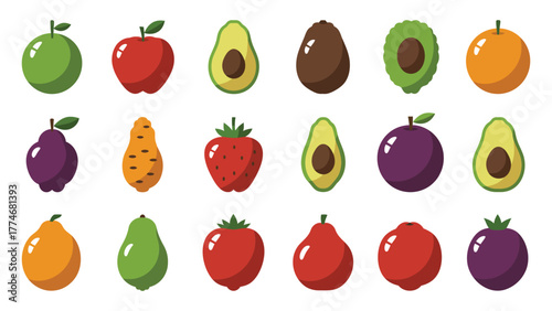 Simple Fresh Fruit and Vegetable Collection Flat Vector Icons Pattern