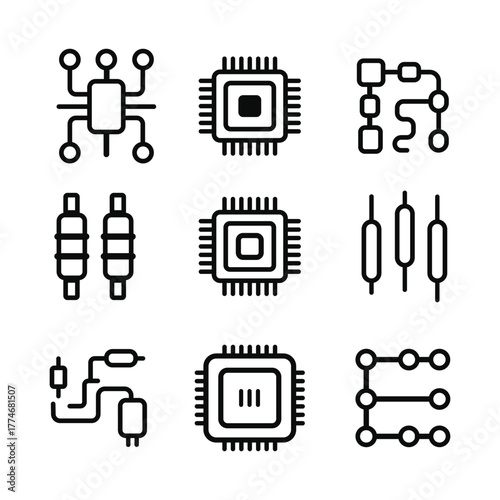 Collection of stylized black and white electronic circuit component icons representing technology and engineering concepts