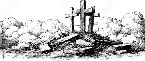 Vintage engraving of three wooden crosses amidst rubble and clouds for historical design