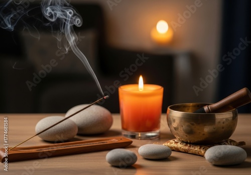 Incense stick burning with smoke near candle and singing bowl isolated on white background