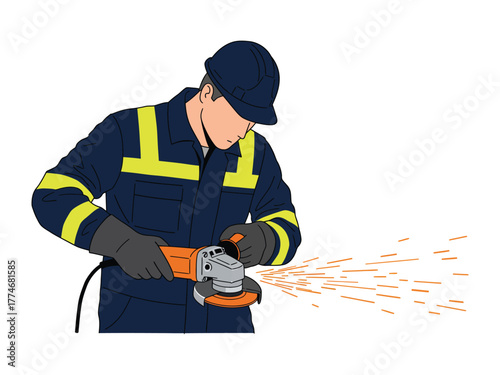 Industrial worker operating an angle grinder creating sparks