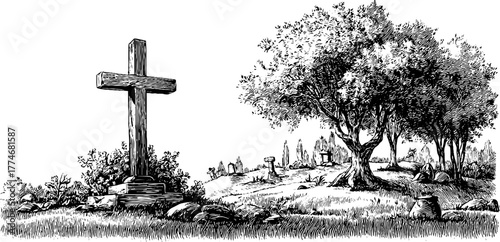 Vintage engraved landscape with wooden cross and tree silhouette