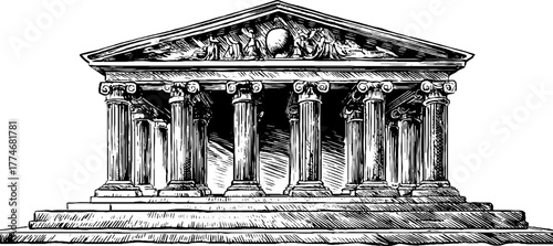Architectural engraving of classical temple with geometric rays and arcs for design and decoration