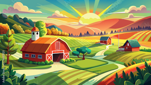 Very beautiful aerial view of the American countryside landscape featuring a classic red barn, grazing cows, green farmland, and golden sunlight during a peaceful spring or summer morning.