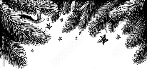 Festive engraved border with fir branches and stars for seasonal designs