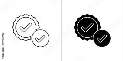 Two icons representing a checkmark badge and a circle with a checkmark, one outlined and one filled