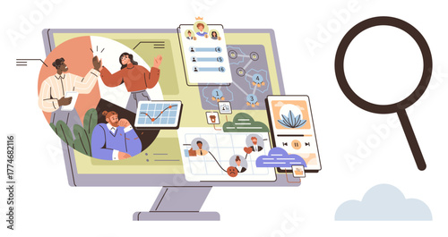 Diverse team engaged in tasks via digital tools, computer screen showing charts, virtual meetings, messaging apps. Ideal for teamwork, remote work, data analysis, technology, communication